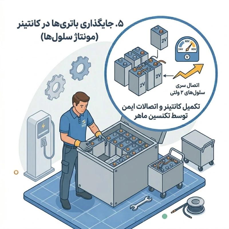 ۵. جایگذاری باتری‌ها در کانتینر (مونتاژ سلول‌ها)